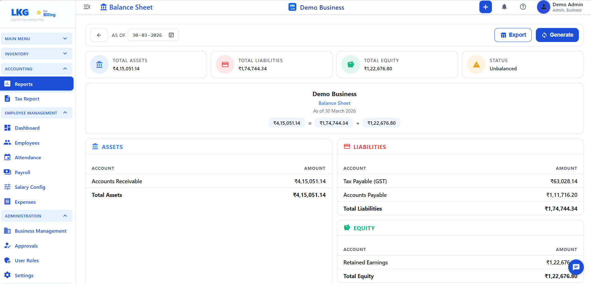 Balance Sheet Report